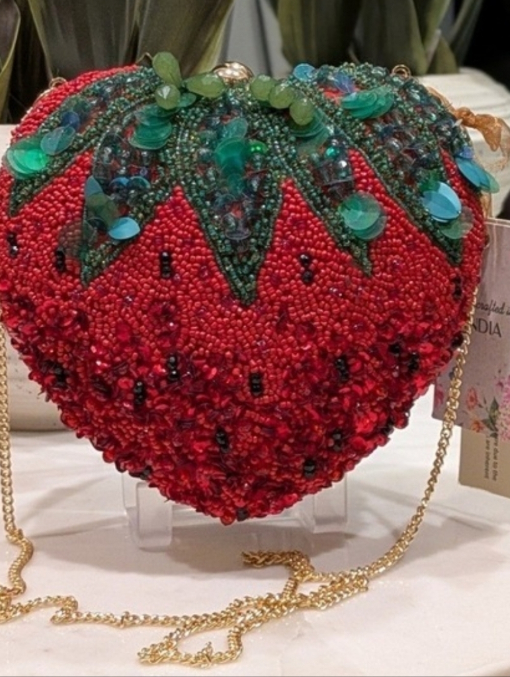 Handcrafted In India Beaded Strawberry Shape Evening Clutch -Red & Green Bnwt Eh - Picture 8 of 8